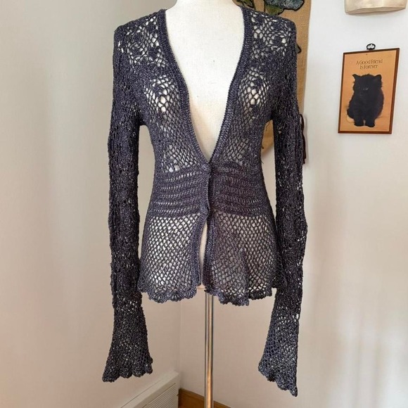 Sweaters - Metallic Crochet Bell Sleeve Cardigan